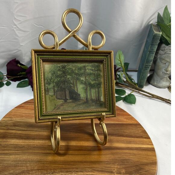 Vintage Glass Painting of a Cabin in the Woods – Signed & Inscribed - Picture 7 of 9